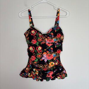 MYCOCO NEW Floral Ruffle Tankini Top Womens 8 Black Orange Slimming